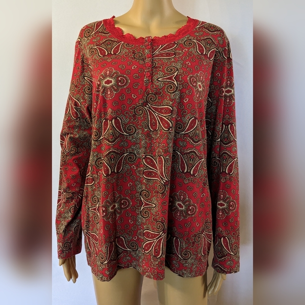 Pre-owned Jones New York Red Paisley Blouse, Long Sleeve, Size 2X, TF